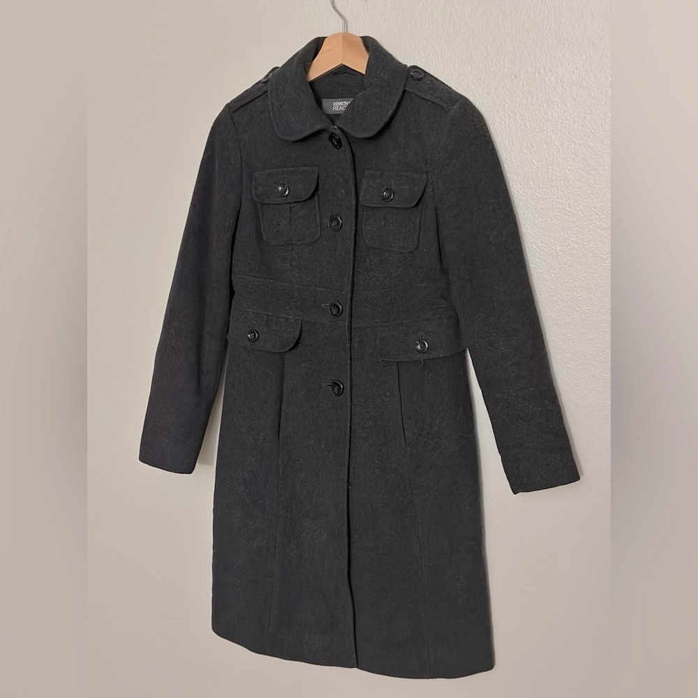 Kenneth Cole Reaction | Long Grey Wool Trench Coat | Sz:2 | Designer Coat